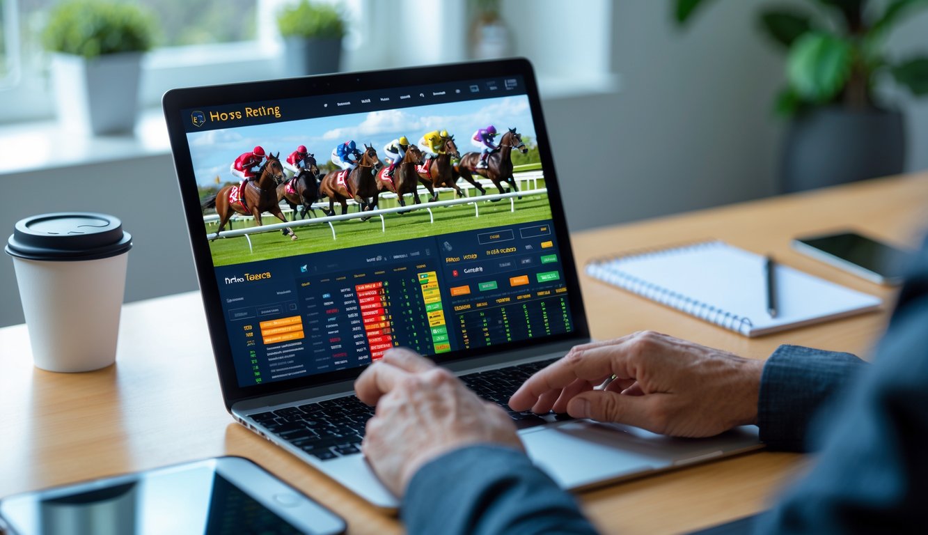 Seseorang menggunakan laptop untuk memasang taruhan balap kuda secara online dengan tampilan situs taruhan dan video balapan di layar.