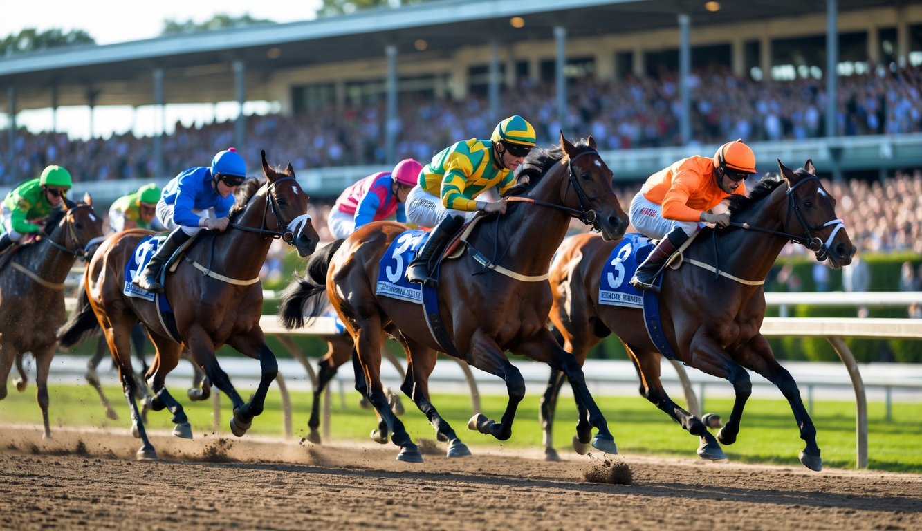 Lomba pacuan kuda dengan beberapa kuda dan joki sedang berlari kencang di lintasan dengan penonton di latar belakang.