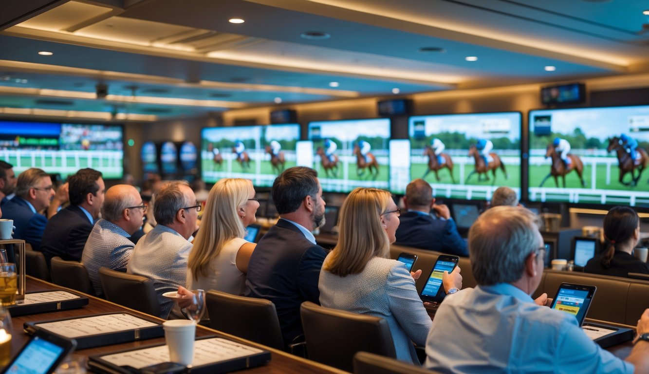 Orang-orang menonton dan memasang taruhan pada balapan kuda secara langsung di ruang taruhan yang modern dengan layar besar menampilkan balapan kuda.