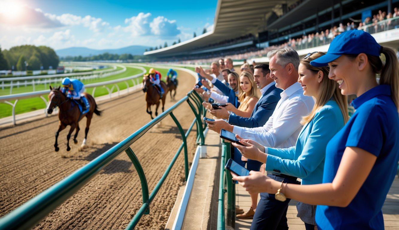 Lomba kuda dengan para joki yang sedang berlomba di lintasan dan orang-orang yang antusias memasang taruhan menggunakan perangkat digital.