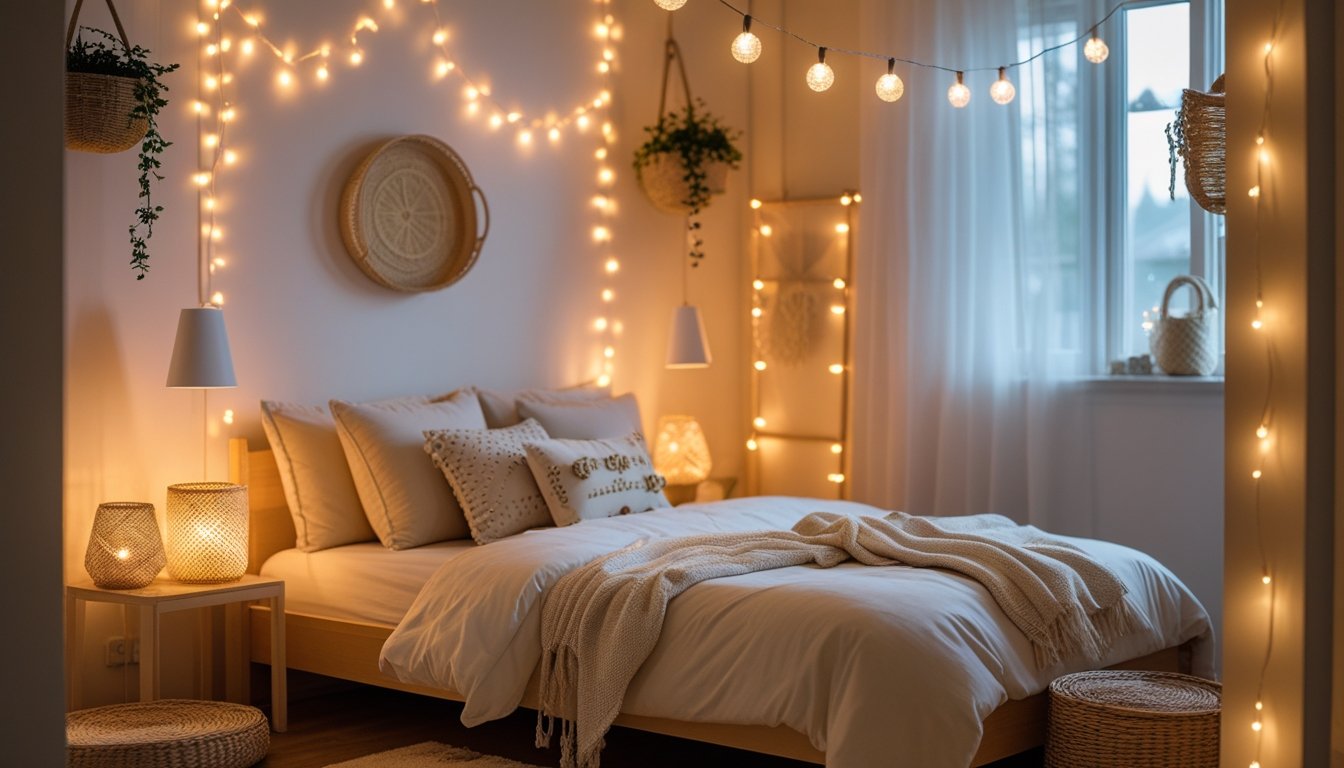 A cozy girls’ bedroom softly lit by string lights and fairy lights, featuring a bed with pillows and warm ambient lighting.