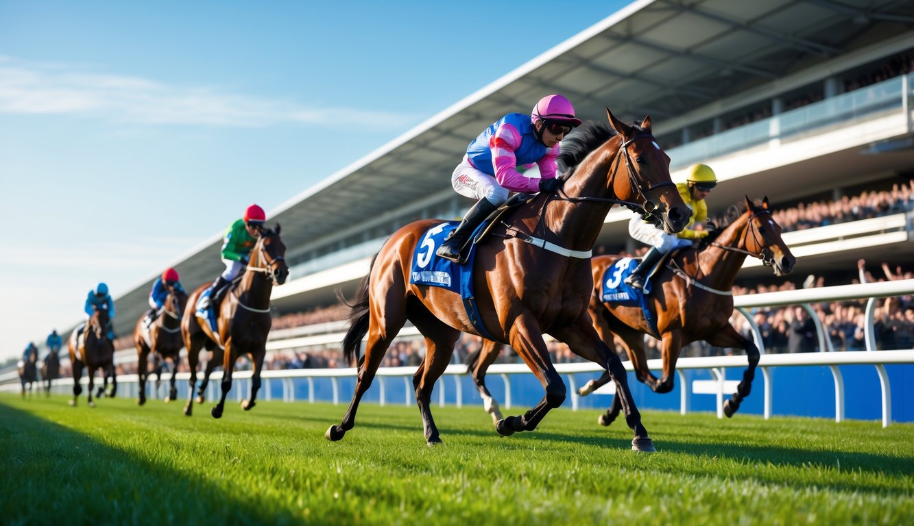 Adegan balap kuda dengan beberapa kuda berlari cepat dan joki mengenakan pakaian warna-warni di lintasan balap yang ramai.