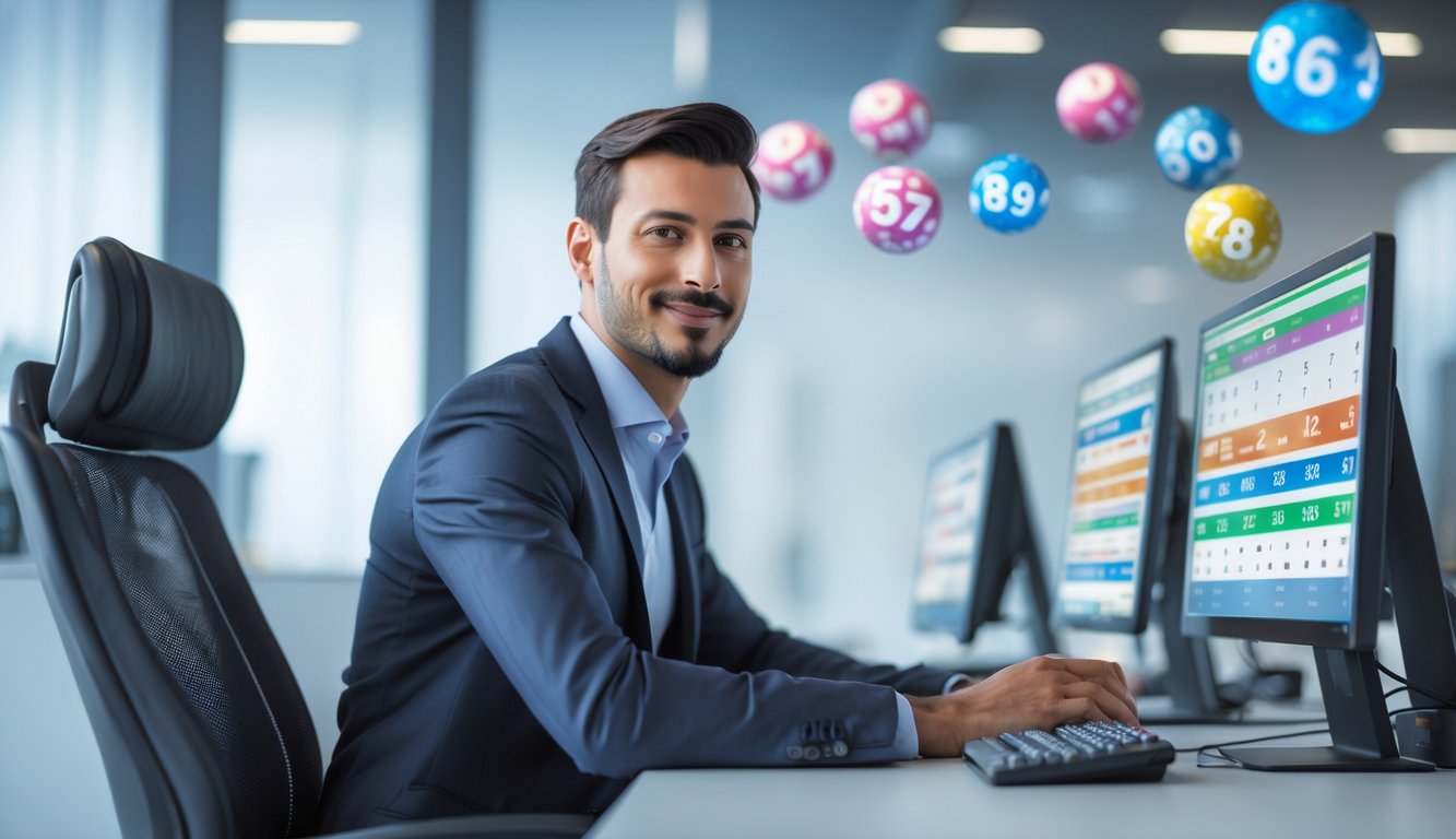 Seorang profesional di kantor modern sedang bekerja dengan beberapa layar komputer yang menampilkan grafik dan angka terkait lotere online.
