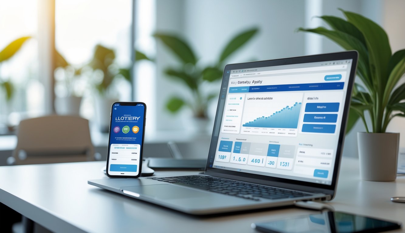 Meja kerja modern dengan laptop dan ponsel yang menampilkan antarmuka layanan togel online, di ruang kantor yang terang dan rapi.