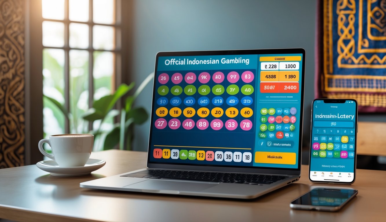 Suasana kantor modern dengan meja kerja berisi laptop dan smartphone yang menampilkan angka togel, serta elemen budaya Indonesia di latar belakang.
