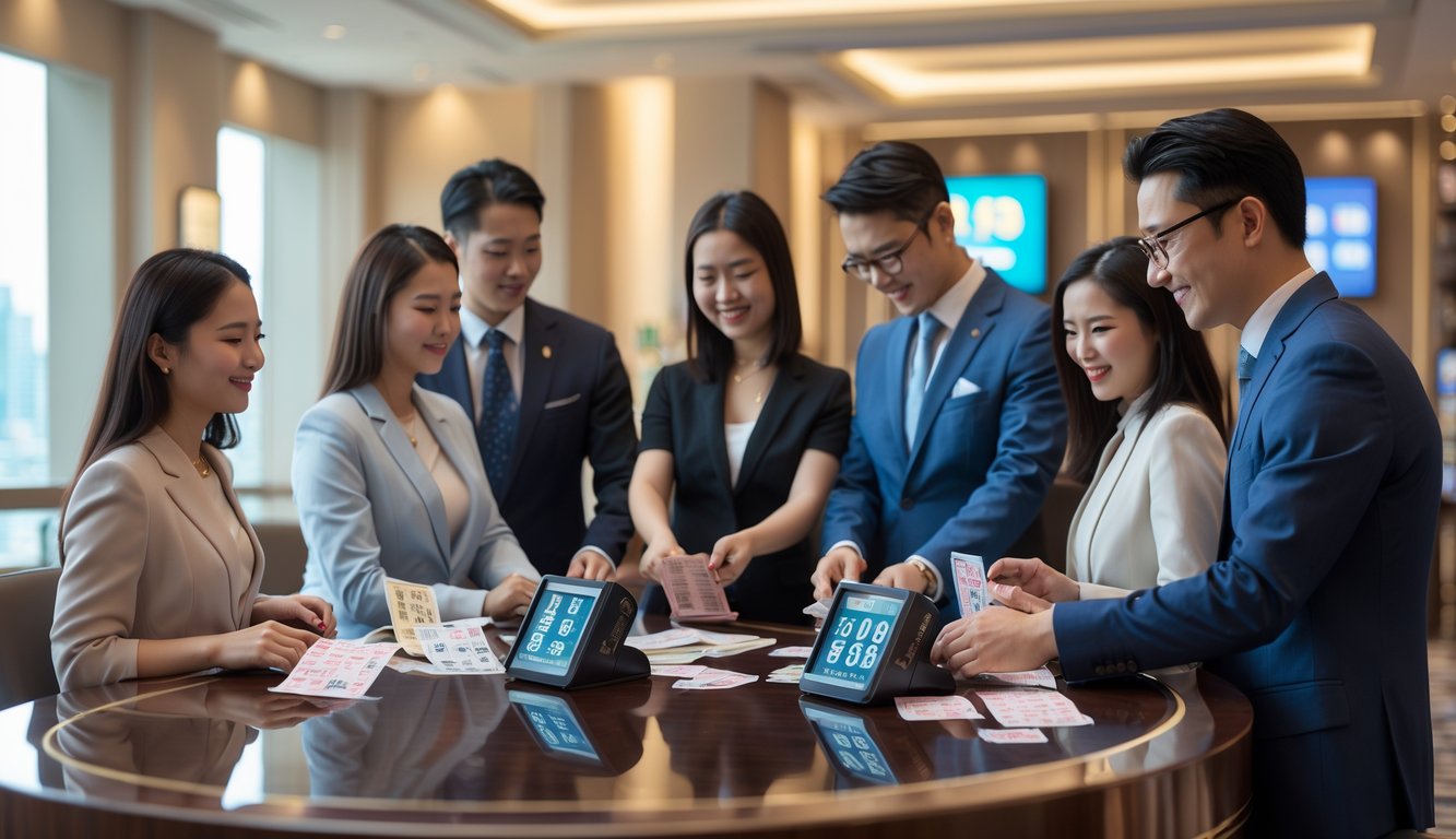 Orang-orang sedang bermain lotere di sebuah ruang modern dengan dekorasi yang menggambarkan budaya Macau.