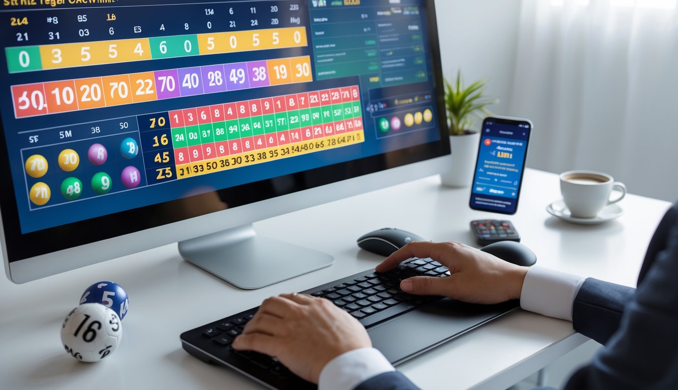 Meja kerja modern dengan komputer dan tangan seseorang yang menggunakan mouse dan keyboard, dikelilingi bola togel dan ponsel, menunjukkan aktivitas bermain togel online.