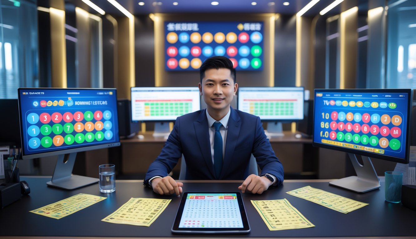 Seorang pria Asia duduk di meja dengan beberapa monitor komputer menampilkan angka togel dan tiket togel di sekitarnya.