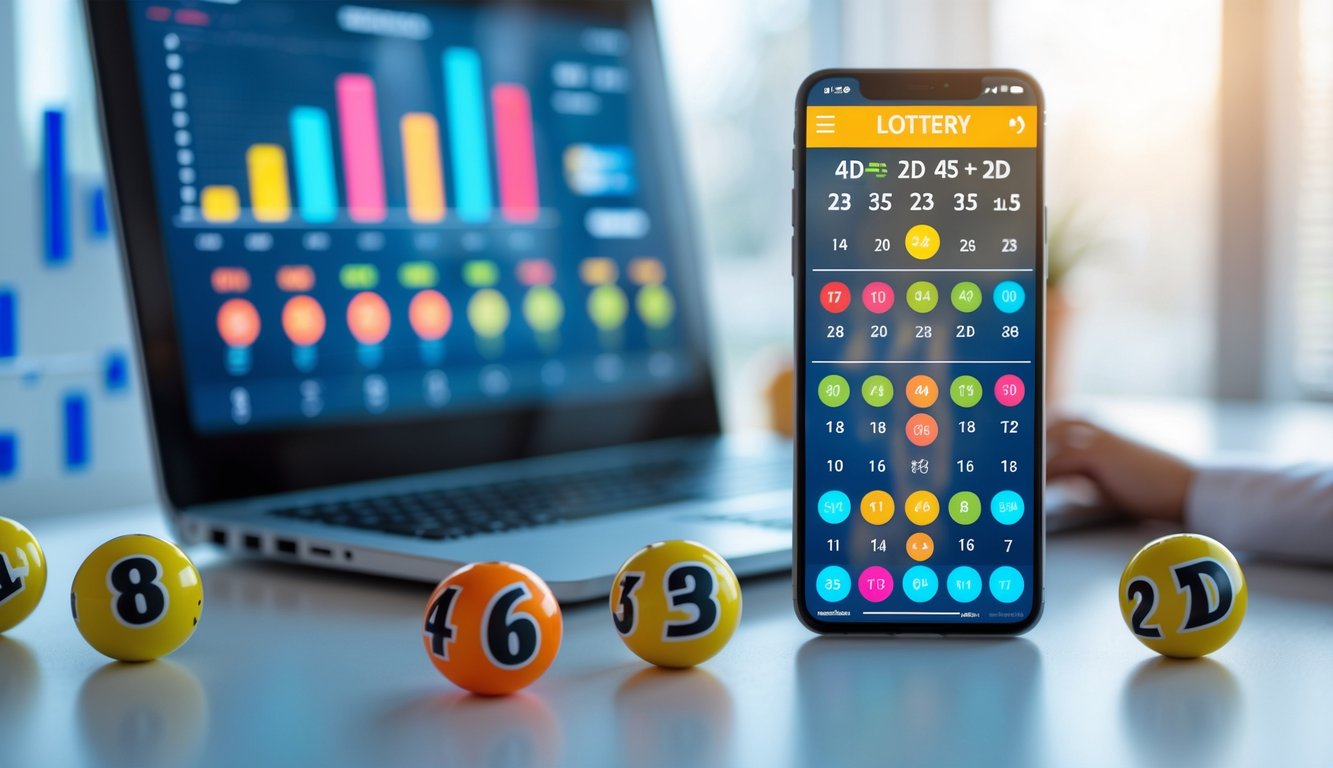 Meja kerja modern dengan laptop, ponsel, dan bola lotere dengan angka di atasnya.