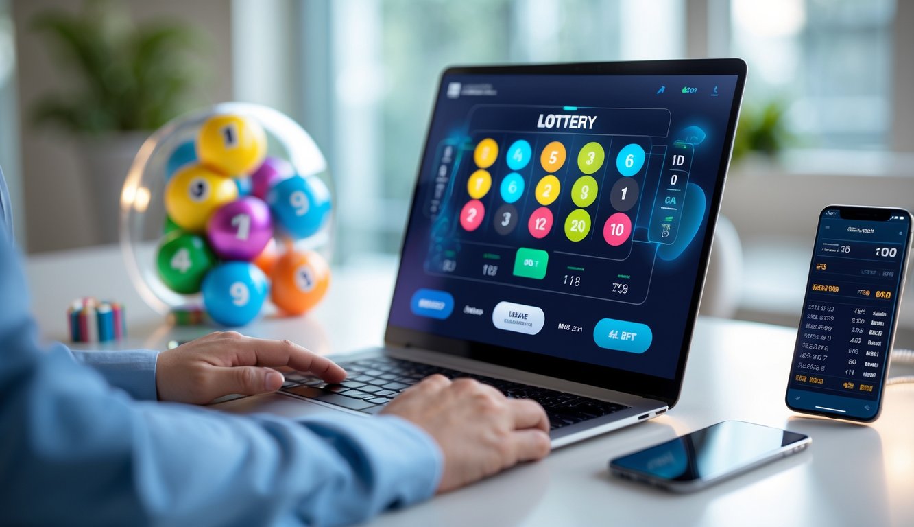 Meja kerja modern dengan laptop menampilkan antarmuka togel dan bola bernomor berwarna-warni di sekitarnya.