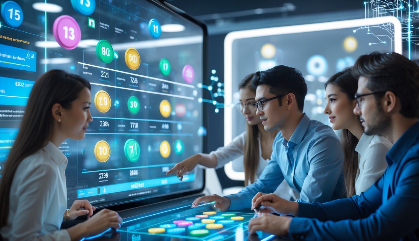 Sekelompok profesional muda sedang berinteraksi dengan layar sentuh digital yang menampilkan angka dan grafik lotere di ruang kerja modern.