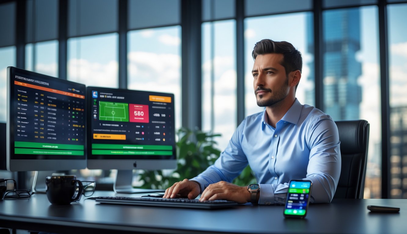 Seorang pria profesional duduk di kantor modern dengan beberapa layar komputer yang menampilkan data taruhan sepak bola dan statistik pertandingan.