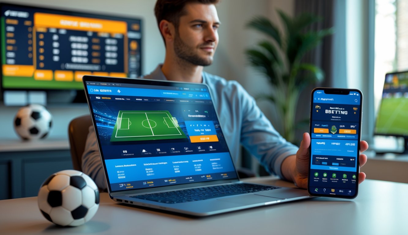 Seorang pria muda duduk di meja dengan laptop dan ponsel yang menampilkan antarmuka taruhan sepak bola online, dikelilingi oleh bola sepak dan layar skor digital.