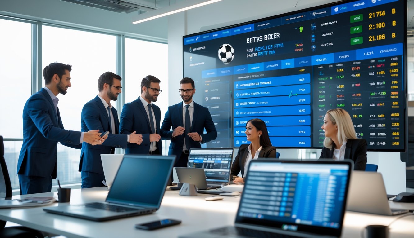 Sekelompok profesional bekerja di kantor modern dengan layar digital menampilkan statistik pertandingan sepak bola dan peluang taruhan.