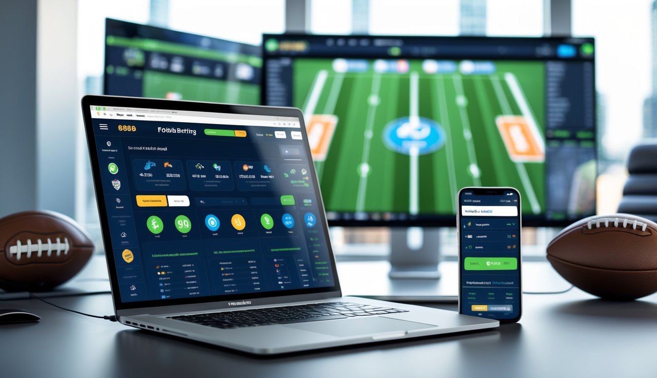 Sebuah kantor modern dengan laptop dan ponsel yang menampilkan antarmuka taruhan olahraga, bola sepak terlihat di meja dan layar digital menampilkan pertandingan bola sepak.