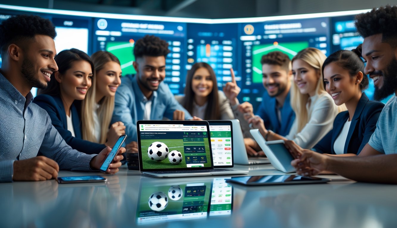 Sekelompok orang muda menggunakan perangkat digital untuk bertaruh bola dan melakukan deposit pulsa dengan cepat.