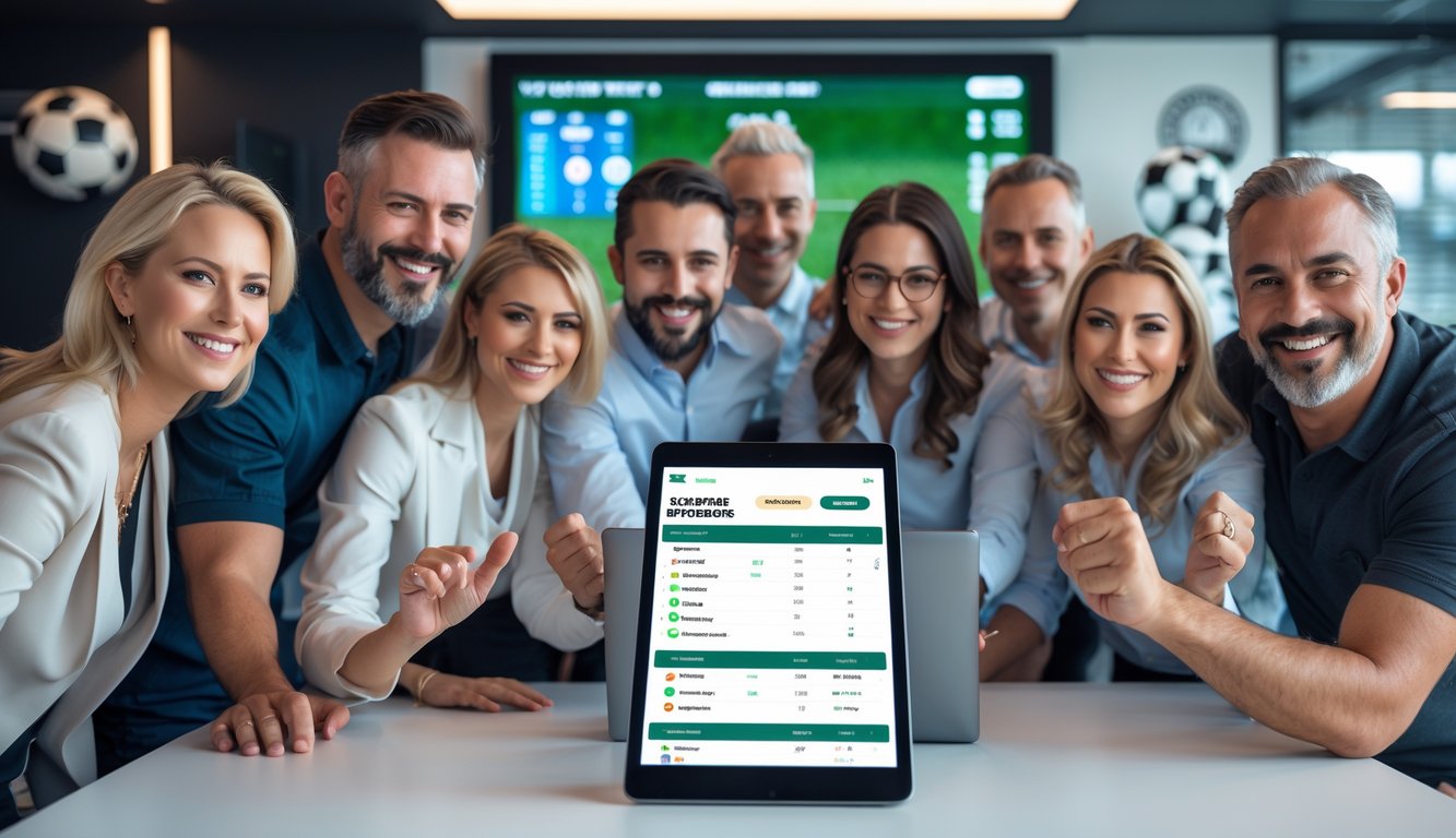 Sekelompok orang yang antusias berkumpul di sekitar perangkat digital dengan tampilan peluang taruhan sepak bola, di sebuah ruang kantor modern.