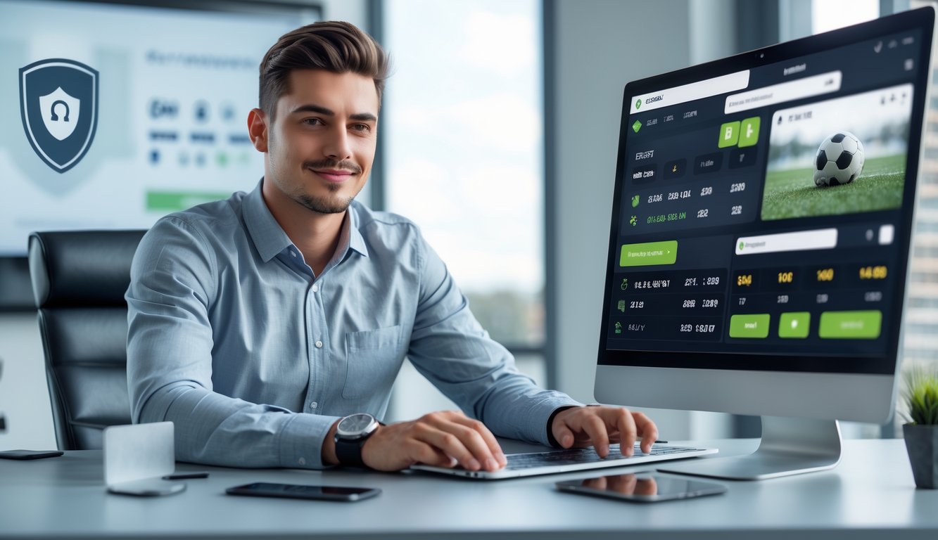 Seorang pria muda duduk di meja dengan laptop dan ponsel yang menampilkan statistik pertandingan sepak bola, menunjukkan suasana taruhan bola online yang aman dan resmi.