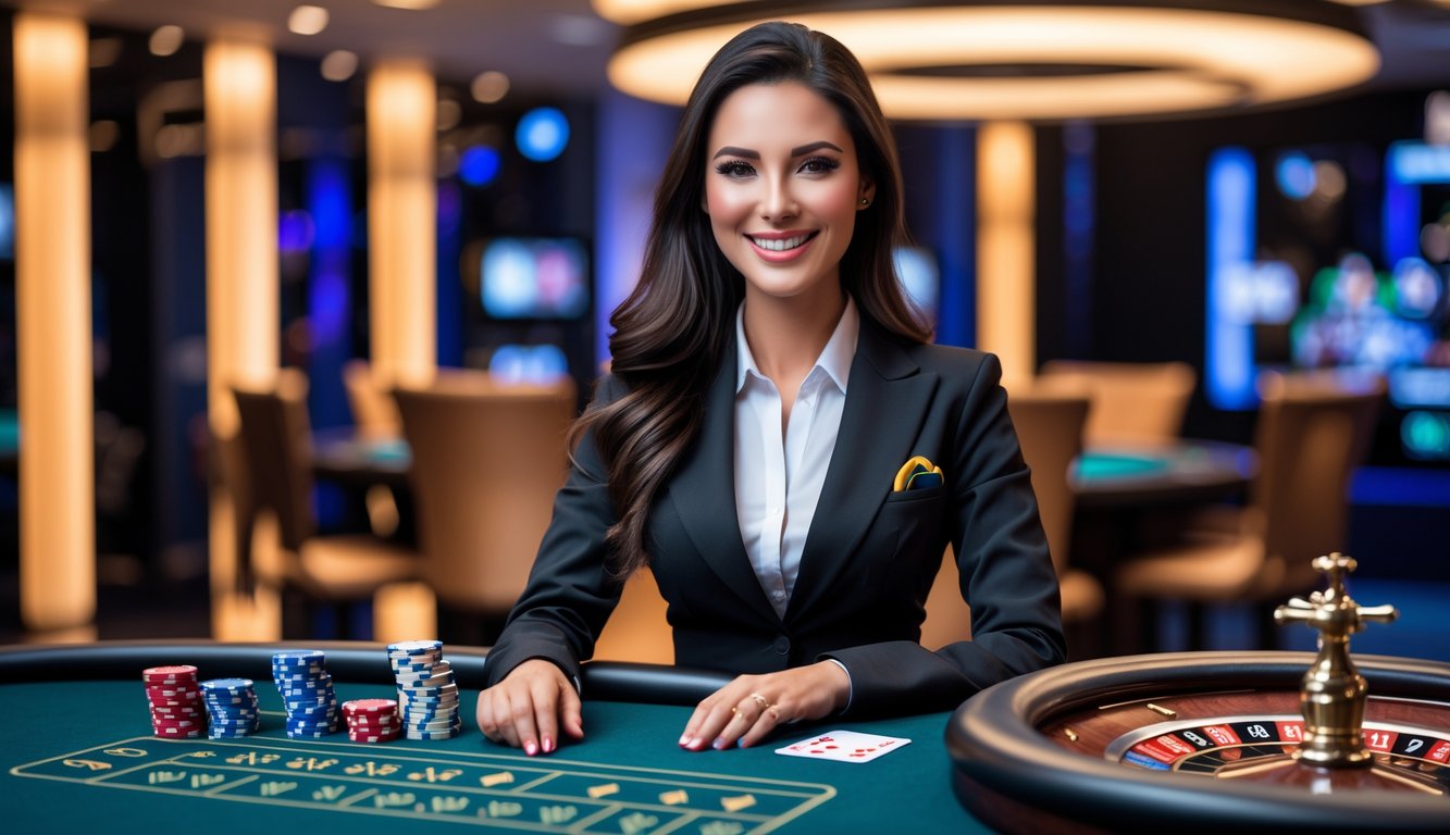 Seorang dealer profesional duduk di meja judi langsung dengan kartu dan chip di studio kasino modern.