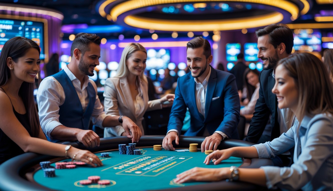 Orang-orang sedang bermain di meja kasino langsung dengan suasana cerah dan ramai.