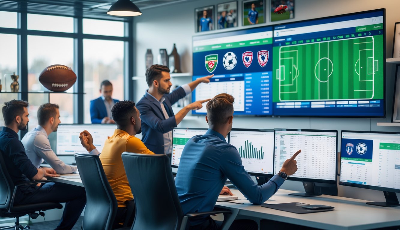 Sekelompok orang sedang menganalisis data sepak bola di kantor dengan layar komputer dan papan digital.