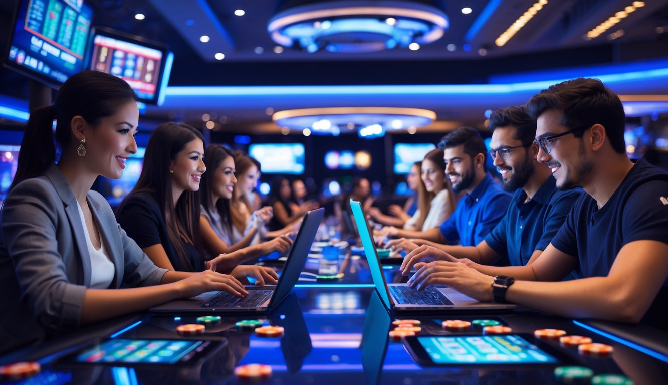 Beberapa orang sedang bermain permainan judi secara langsung menggunakan perangkat digital di lingkungan kasino modern.