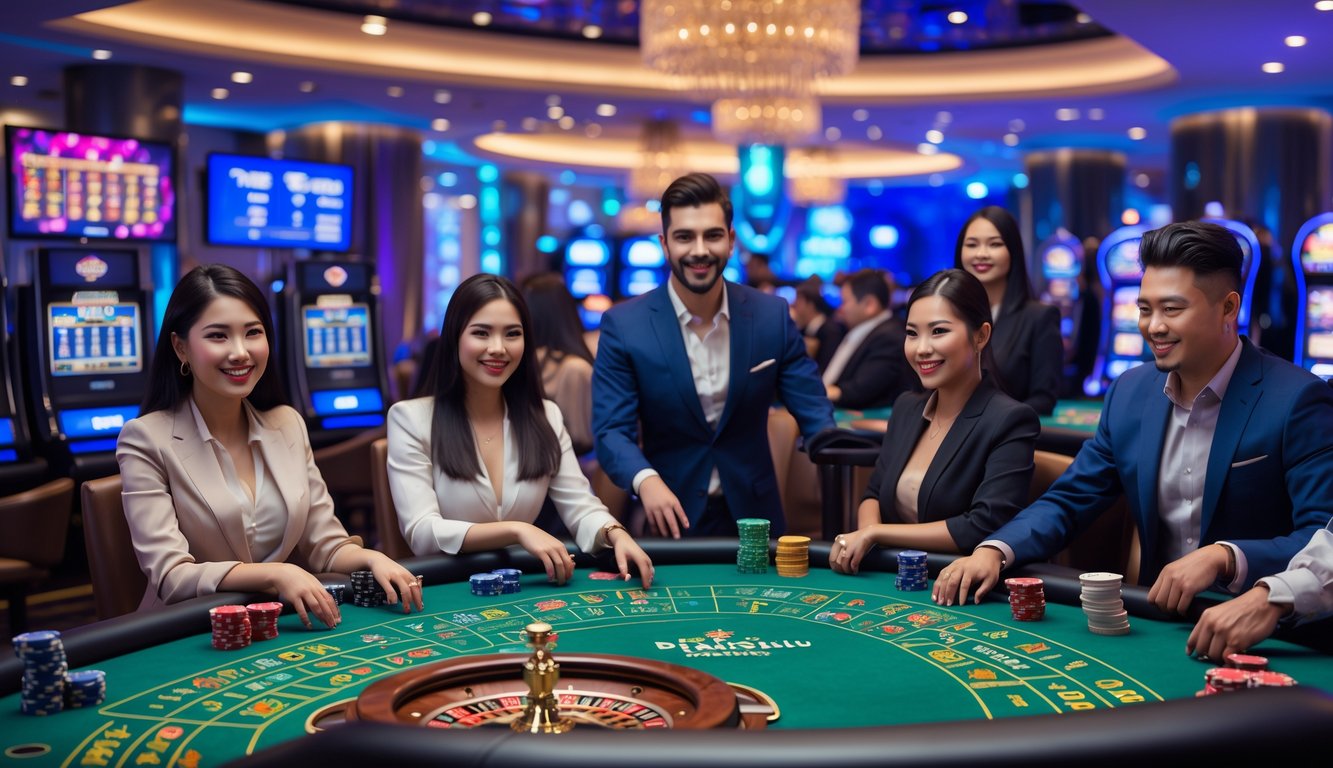 Orang-orang bermain di meja kasino langsung dengan dealer, suasana ramai dan cerah di dalam kasino modern.