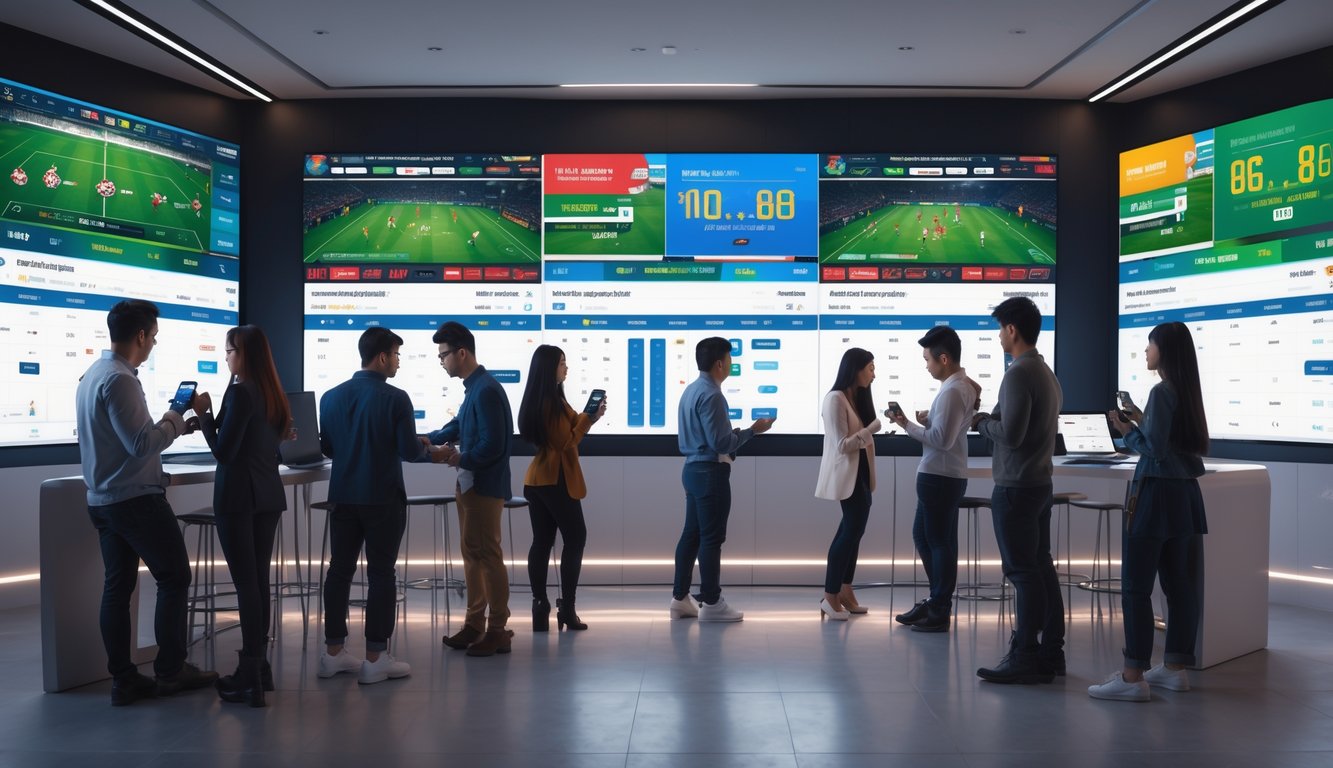 Sekelompok orang muda sedang menonton siaran langsung dan memantau skor pertandingan sepak bola secara real-time di beberapa layar besar dalam ruangan modern.