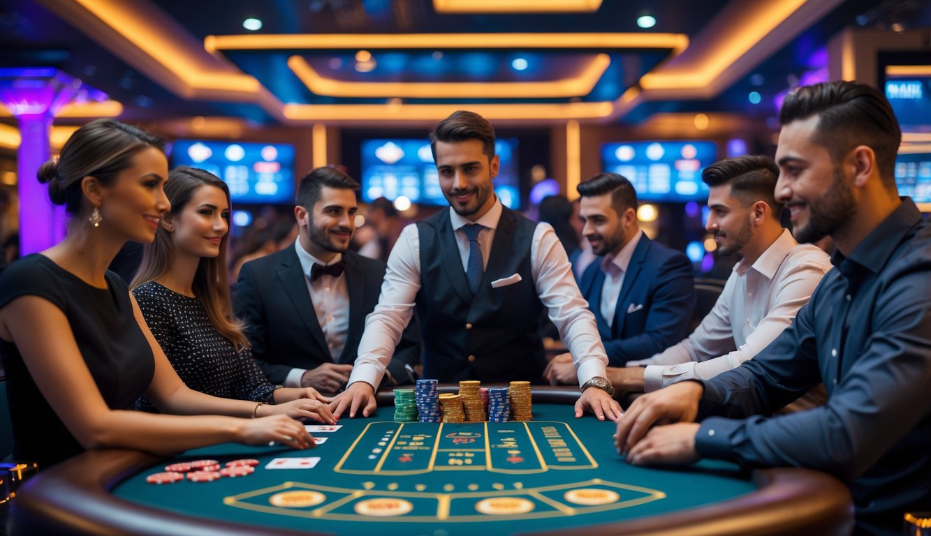 Suasana permainan kasino langsung dengan dealer dan pemain yang fokus di sekitar meja permainan.