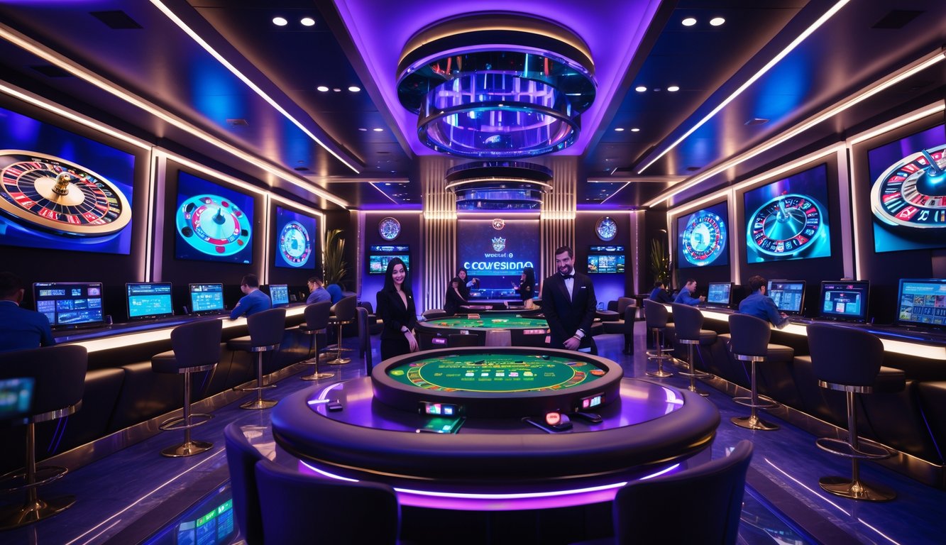 Suasana kasino modern dengan meja permainan langsung, dealer profesional, dan pemain menggunakan perangkat digital.