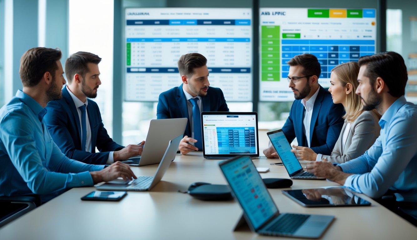 Sekelompok profesional sedang berdiskusi di meja konferensi dengan perangkat digital yang menampilkan data terkait taruhan bola.