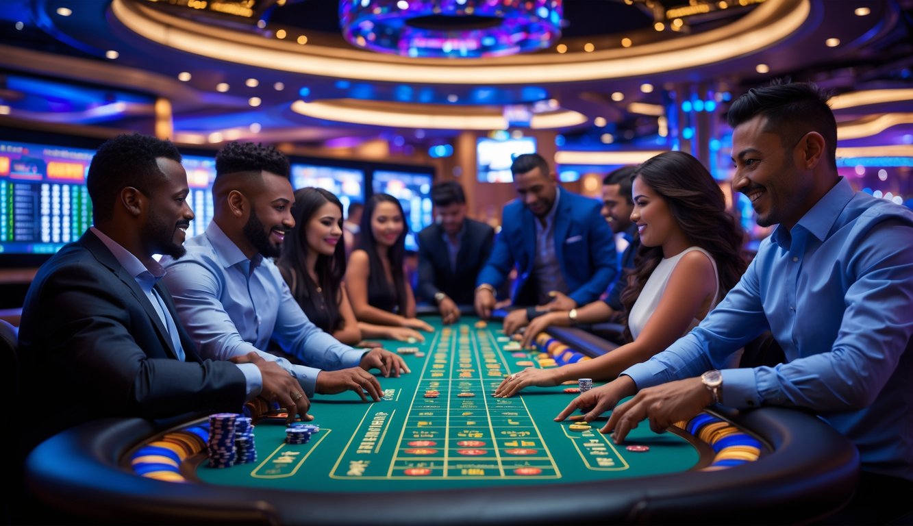 Sejumlah orang sedang bermain permainan judi langsung di kasino dengan suasana yang ramai dan pencahayaan warna-warni.
