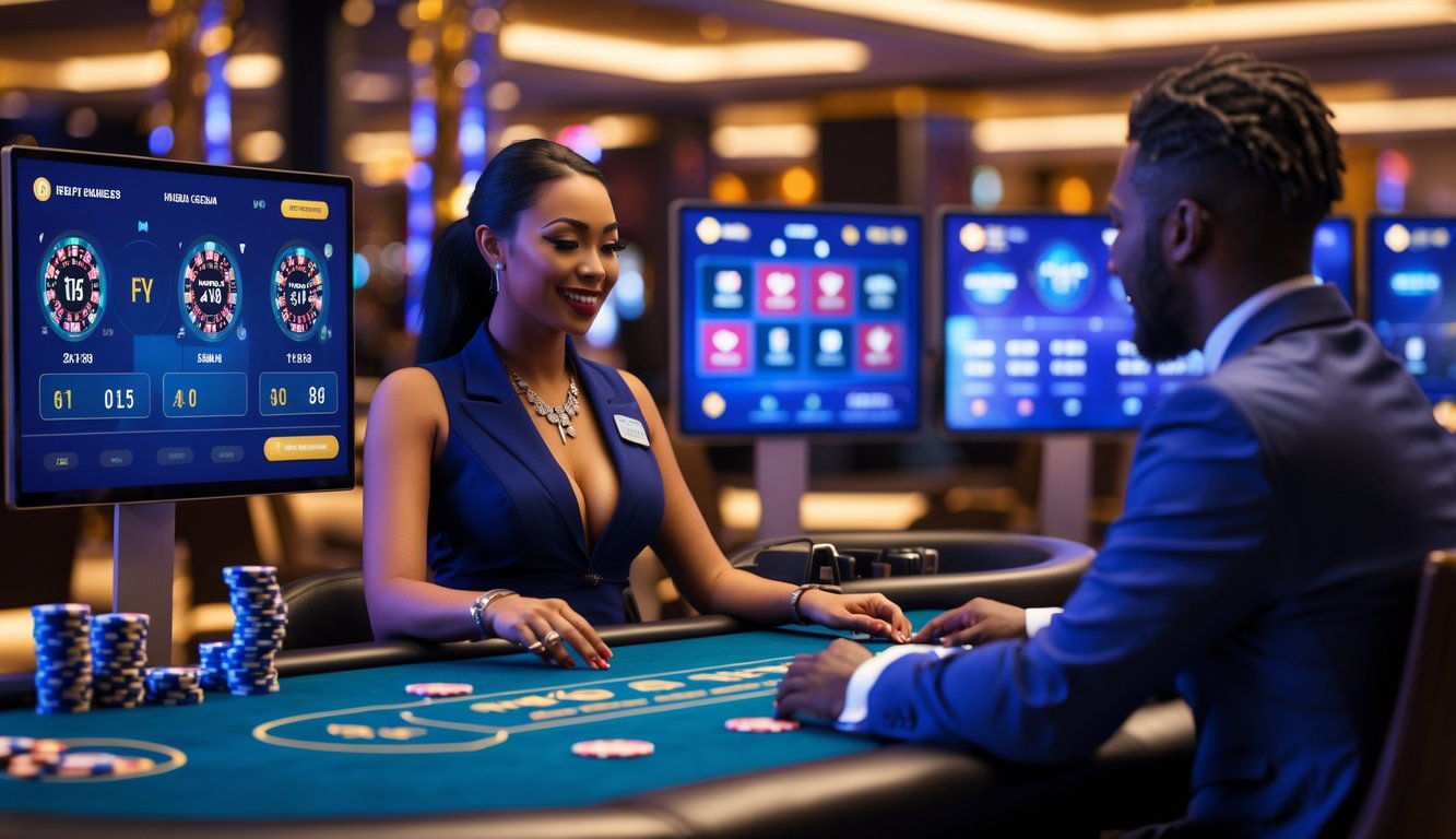 Seorang dealer profesional sedang mengelola permainan kasino langsung di meja kasino modern dengan kartu dan chip, dikelilingi oleh layar digital yang menampilkan statistik permainan.