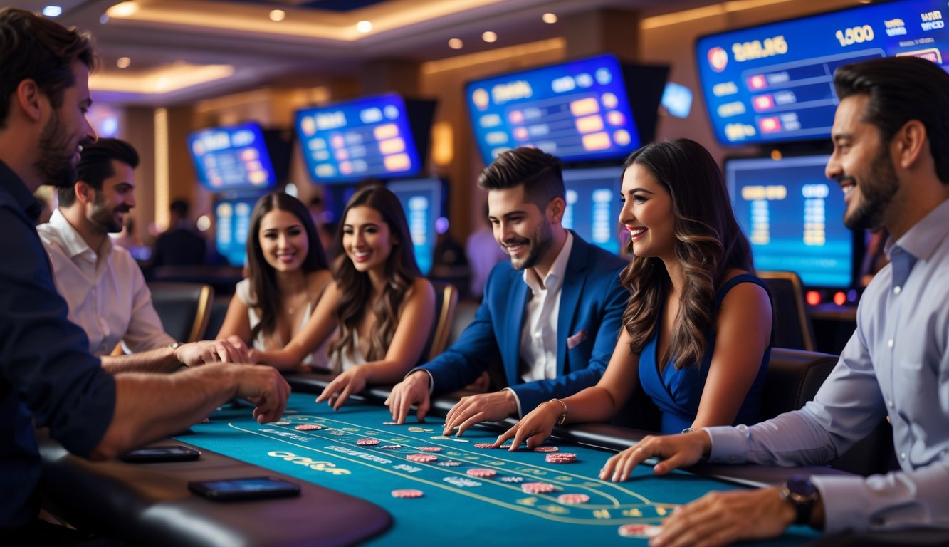 Beberapa orang sedang bermain permainan kasino secara langsung di meja permainan dengan suasana yang ceria dan modern.