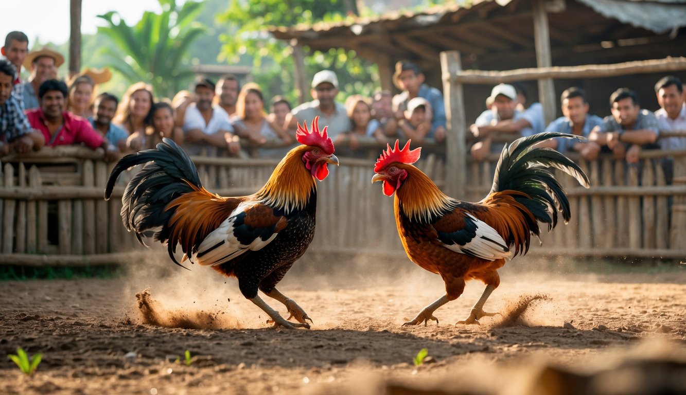 Dua ayam jago sedang bertarung di arena terbuka dengan penonton yang memperhatikan di sekitar.