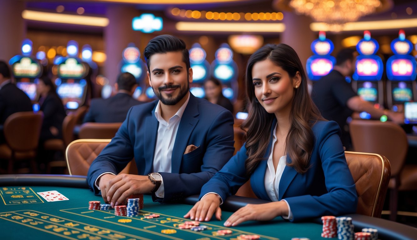 Seorang pria dan wanita duduk di meja kasino dengan dealer live game di latar belakang, fokus dan strategis bermain dalam suasana kasino yang ramai.