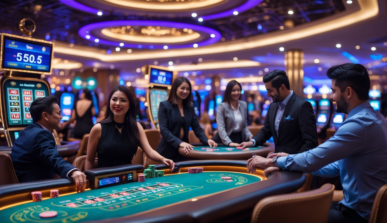 Suasana kasino dengan orang-orang bermain berbagai permainan kasino langsung di meja permainan yang elegan.
