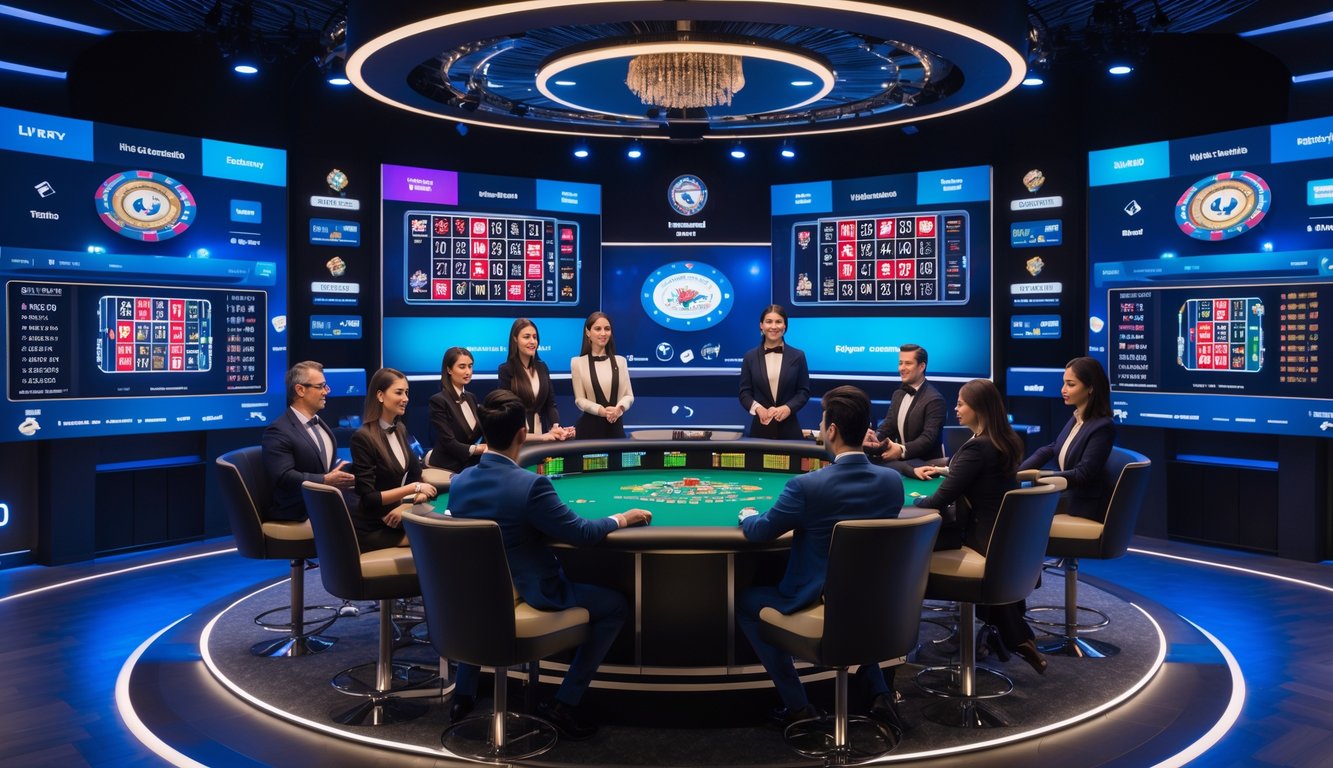 Suasana studio kasino modern dengan dealer profesional dan layar besar menampilkan permainan kasino langsung.