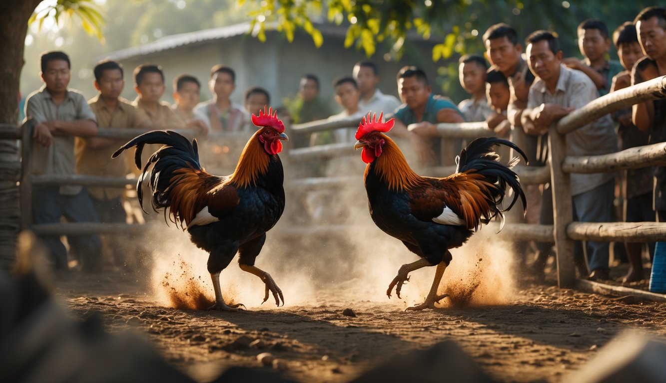 Dua ayam jago bertarung di arena dengan beberapa pria menonton di latar belakang.