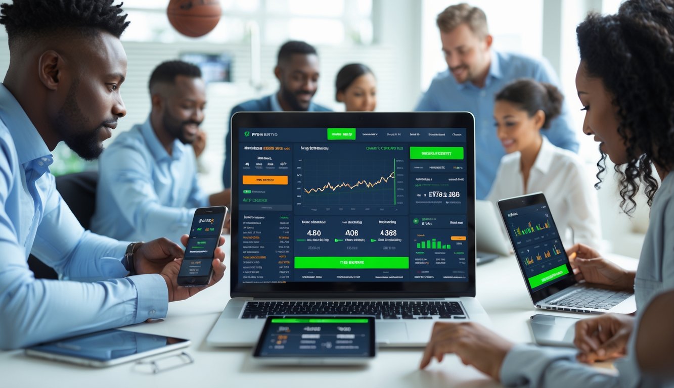 Orang-orang menggunakan perangkat digital untuk memasang taruhan olahraga di lingkungan yang nyaman dan modern.