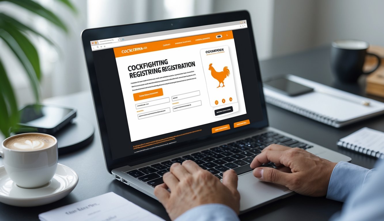 Seseorang menggunakan laptop di meja kerja untuk mendaftar sabung ayam secara online.