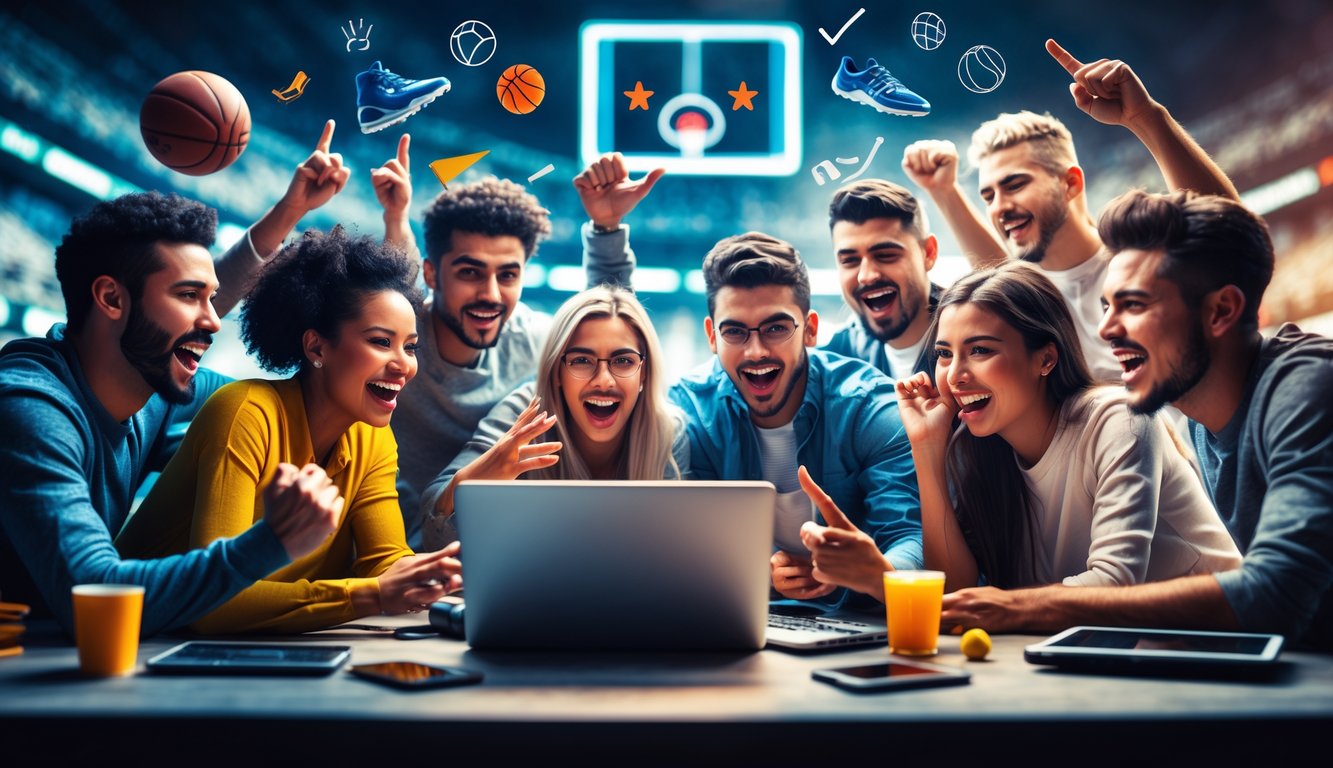 Sekelompok orang muda sedang menggunakan laptop dan perangkat digital untuk taruhan olahraga sepak bola, basket, dan olahraga lainnya dengan ekspresi antusias.