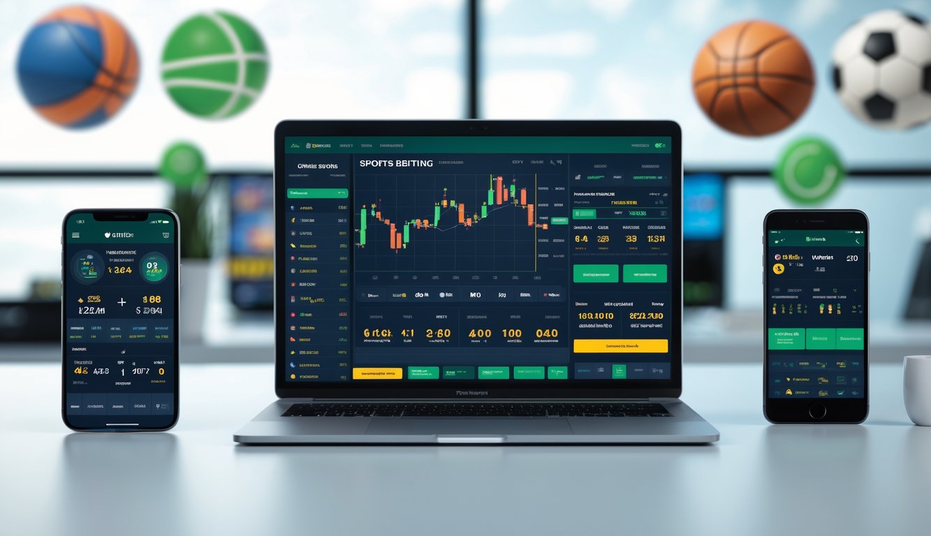 Seorang pengguna sedang menggunakan beberapa perangkat digital untuk memasang taruhan olahraga secara online di lingkungan kerja yang modern dan terang.