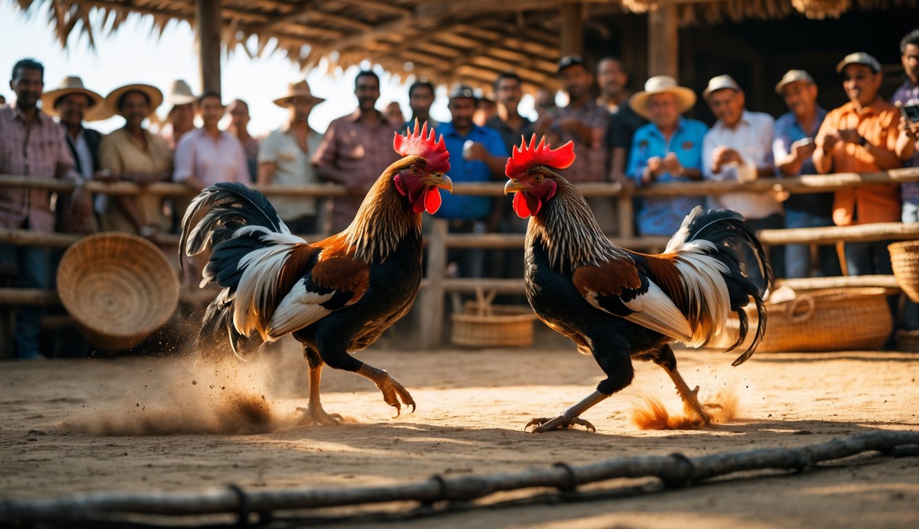 Dua ayam jantan sedang bertarung di arena kayu dengan penonton yang menonton dan merekam menggunakan ponsel.