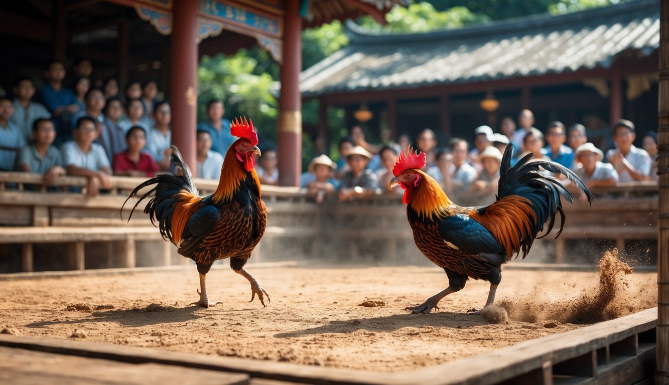 Arena sabung ayam tradisional dengan dua ayam jantan bertarung dan penonton yang memperhatikan dengan serius.