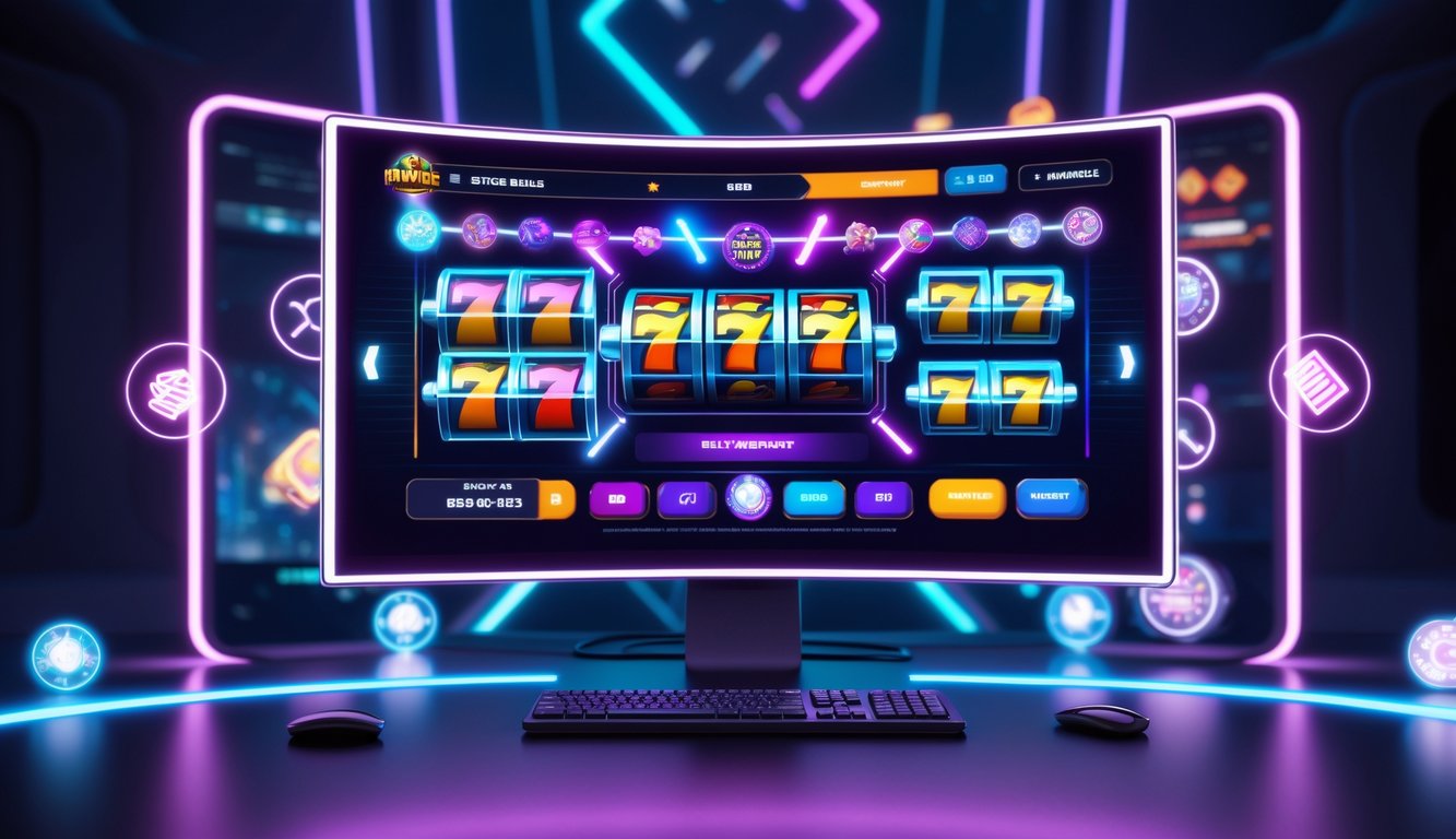 Sebuah monitor komputer menampilkan permainan slot online dengan grafis berwarna-warni dan efek cahaya di lingkungan gaming modern.