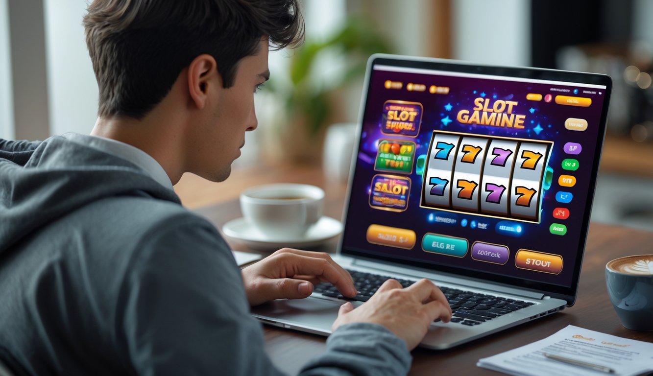 Seorang dewasa muda duduk di meja dengan laptop yang menampilkan permainan slot online, di lingkungan rumah yang nyaman.