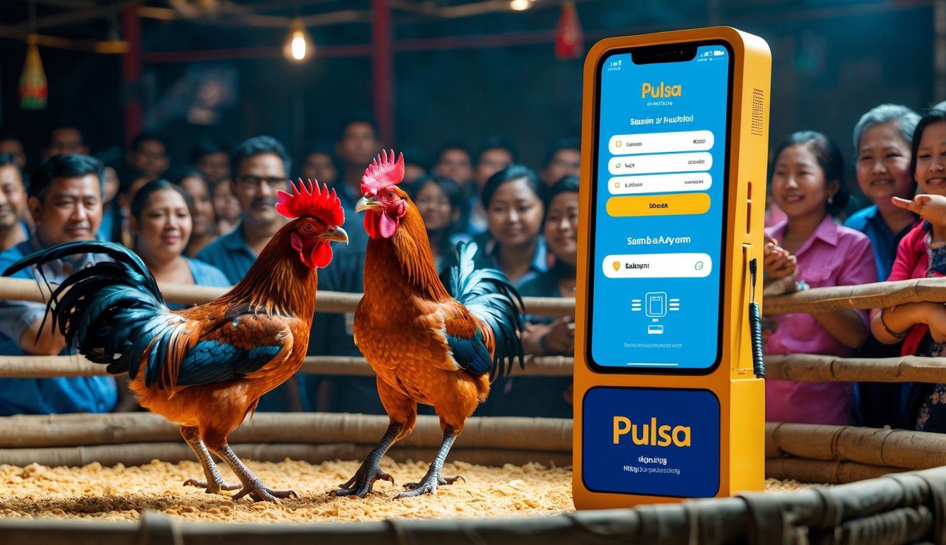 Dua ayam jago bertarung di arena sabung ayam dengan penonton yang antusias dan layar ponsel menampilkan transaksi deposit pulsa di dekatnya.