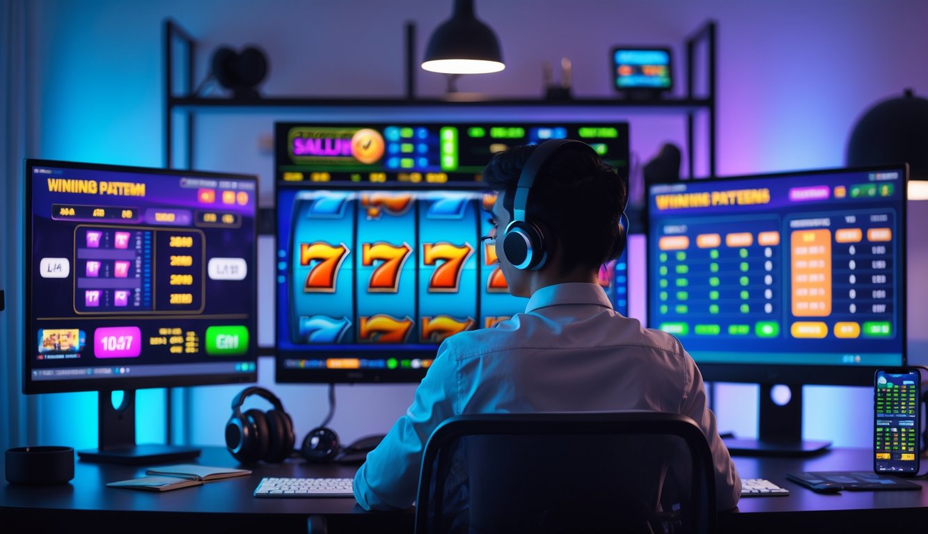 Seorang pemain profesional sedang menganalisis pola di layar komputer dengan beberapa tampilan mesin slot dan grafik statistik di ruang kerja modern.