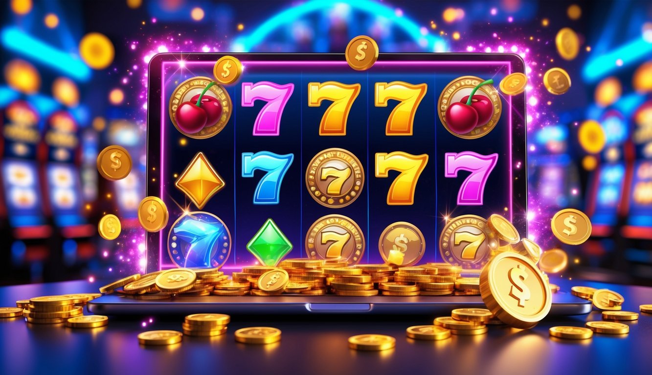 Tampilan layar komputer dengan permainan slot online berwarna-warni dan simbol-simbol bonus yang bersinar.